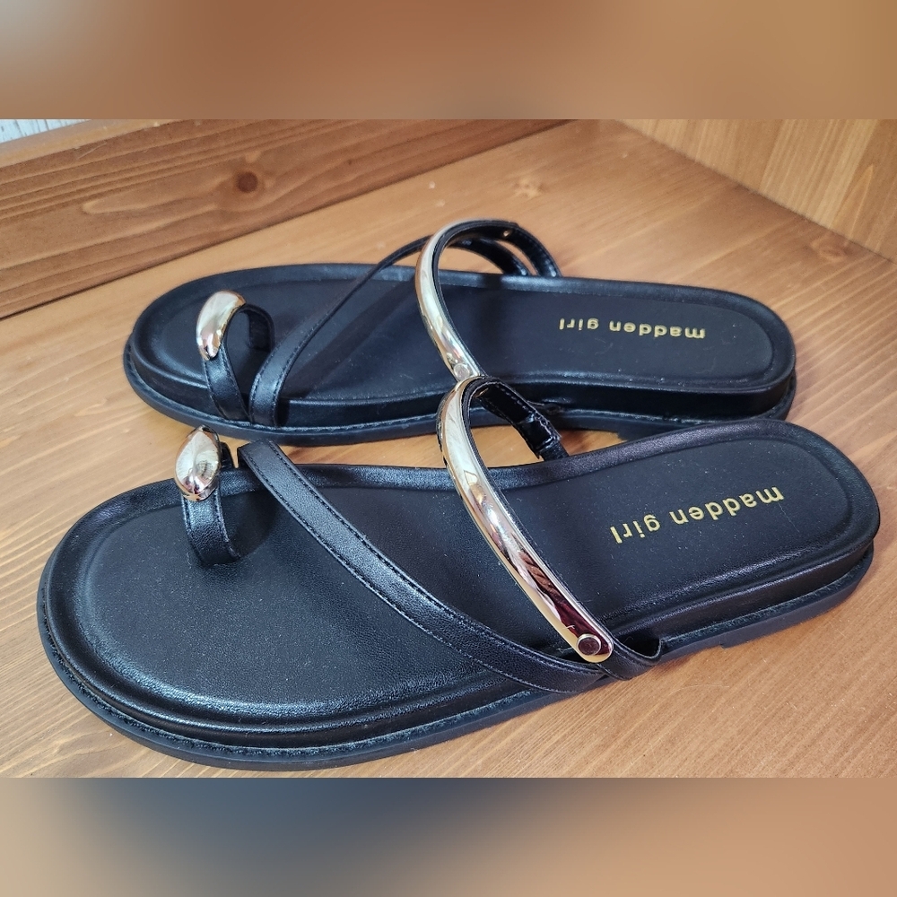 Madden Girl Black Slide Sandals with Gold Accents